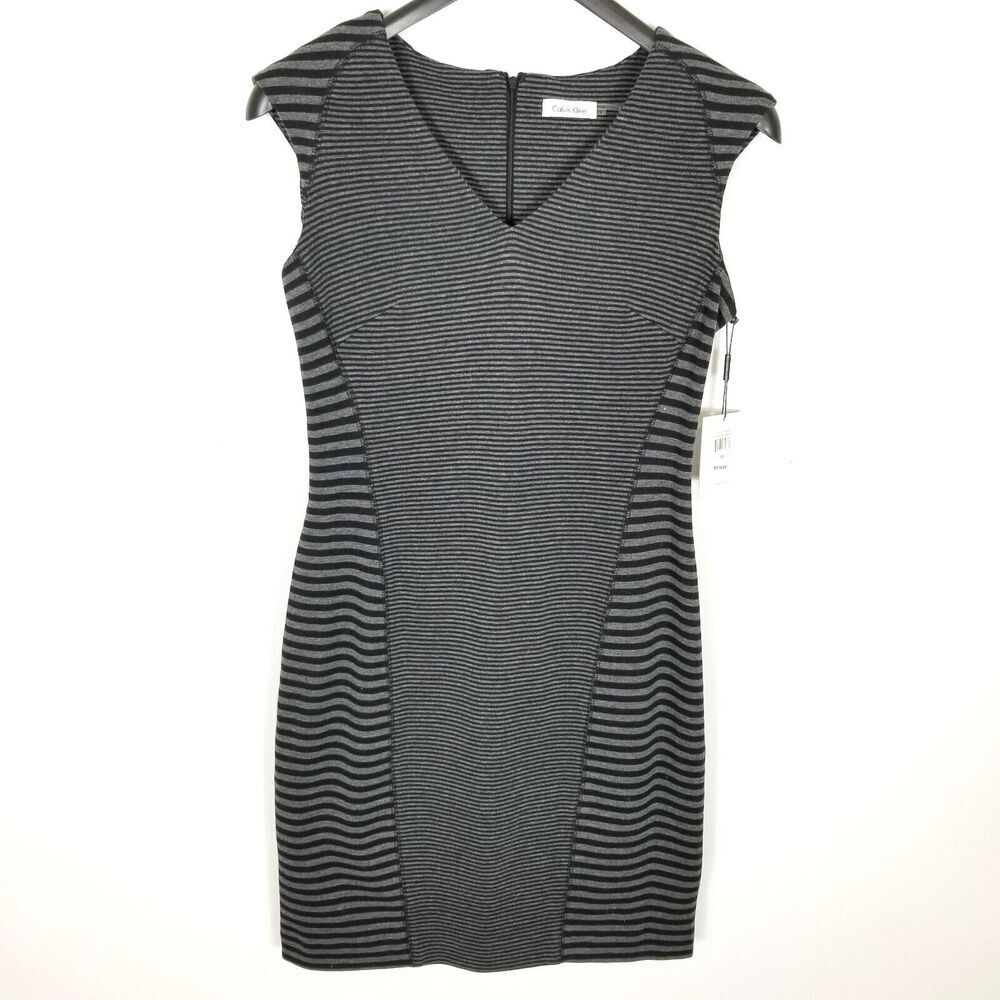 Calvin Klein Women Sheath Knit Midi Dress Sz 10 Black Gray Stripe Stretch Ponte
